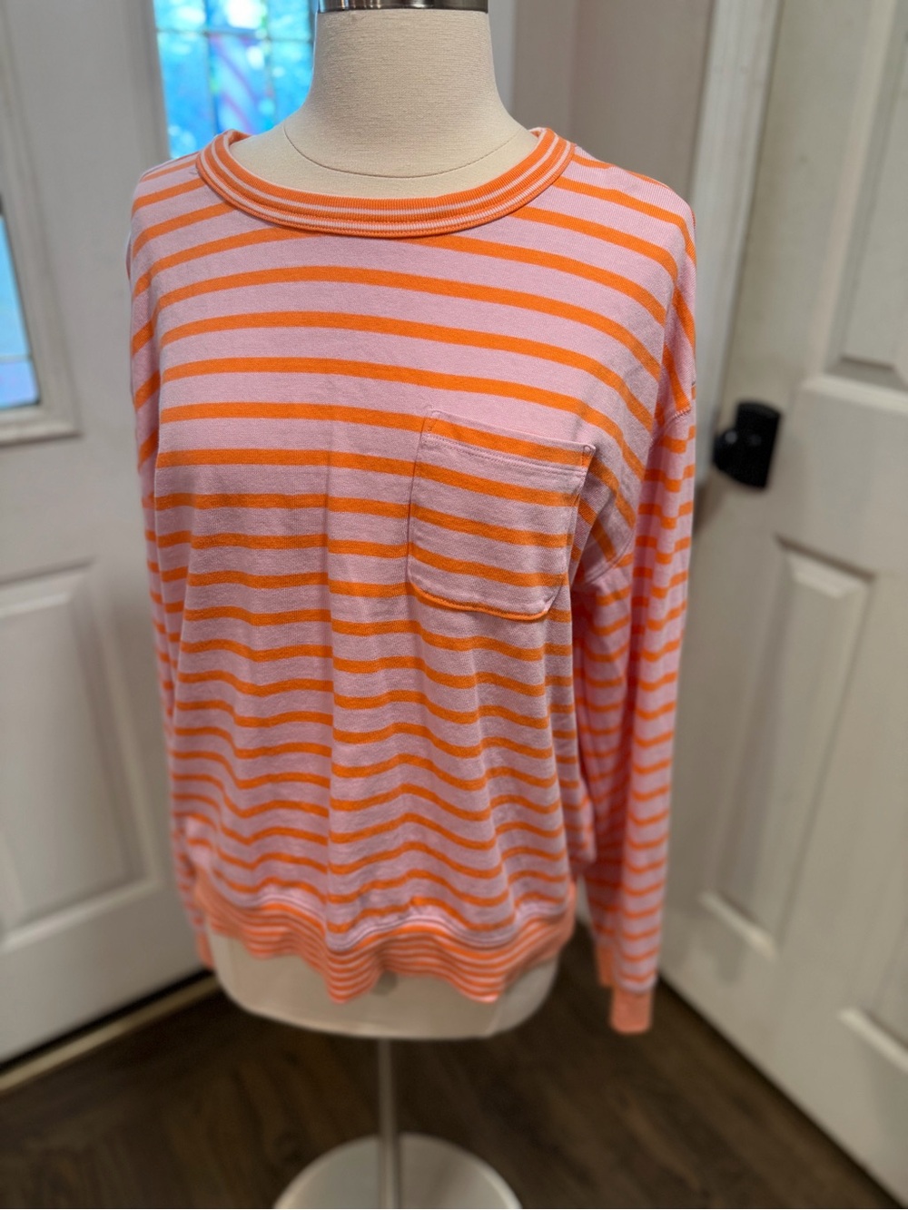 GAP Pink and Orange Striped Crewneck Sweater with Pocket